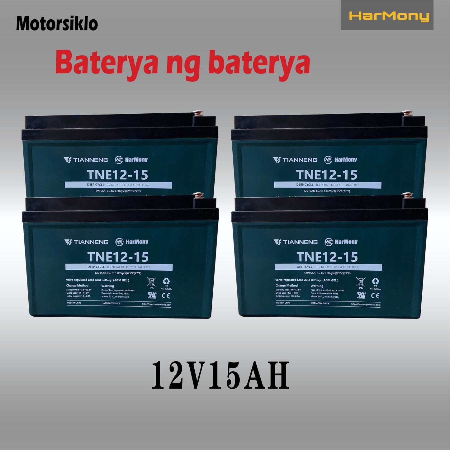 4PCS Harmony Ebike Battery 12V15/25/38AH Deep Cycle Agm Gel Type Big Capacity Lead Acid