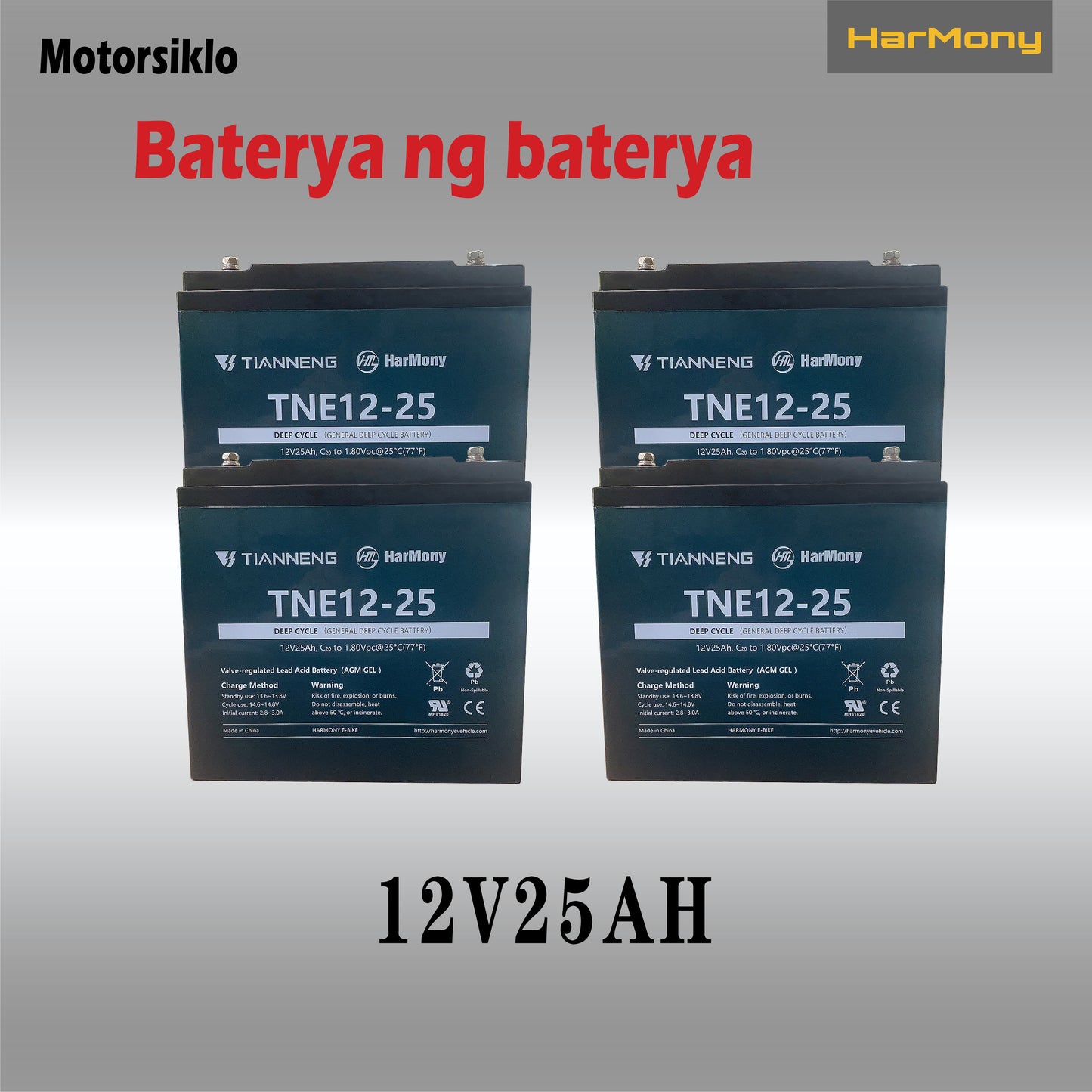 4PCS Harmony Ebike Battery 12V15/25/38AH Deep Cycle Agm Gel Type Big Capacity Lead Acid