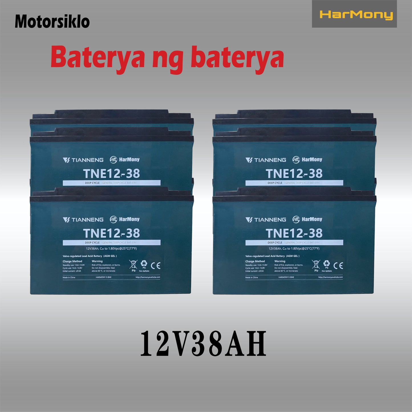 4PCS Harmony Ebike Battery 12V15/25/38AH Deep Cycle Agm Gel Type Big Capacity Lead Acid