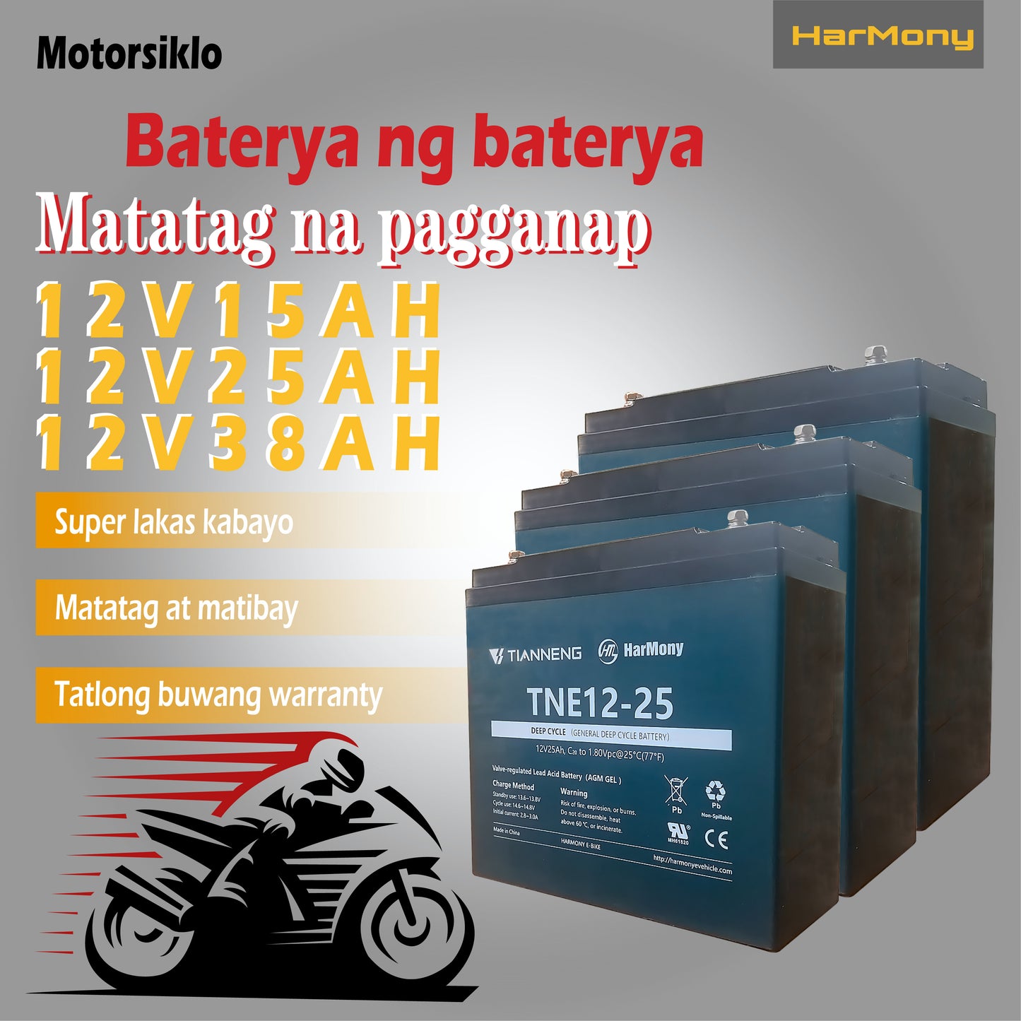 Harmony Ebike Battery 12V20/25/28AH Deep Cycle Agm Gel Type Big Capacity Lead Acid